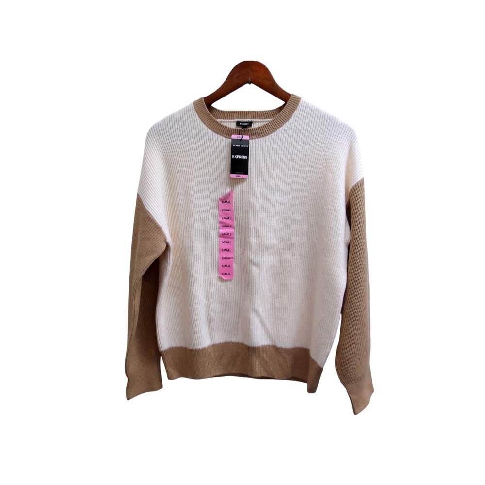 Express Cream and Camel Ribbed Crew Neck‎ Sweater Size Small  / #1160